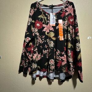 Well Worn Black and Red Floral Long Sleeve Top